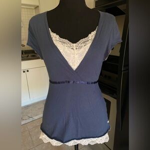 Vintage y2k Abercrombie blue babydoll short sleeve tie waist top.